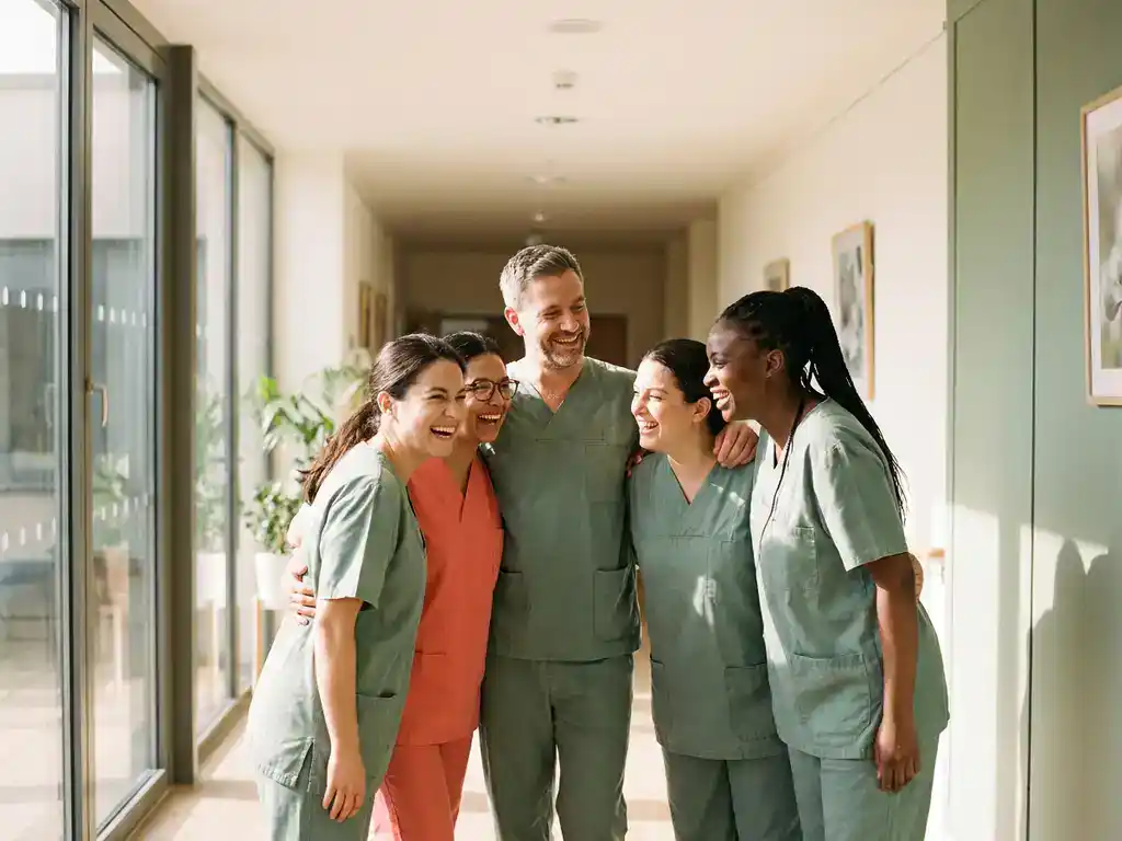 Zorgmedewerkers in scrubs lachen samen in een lichte, moderne ziekenhuisgang met groot raam en natuurlijk licht.