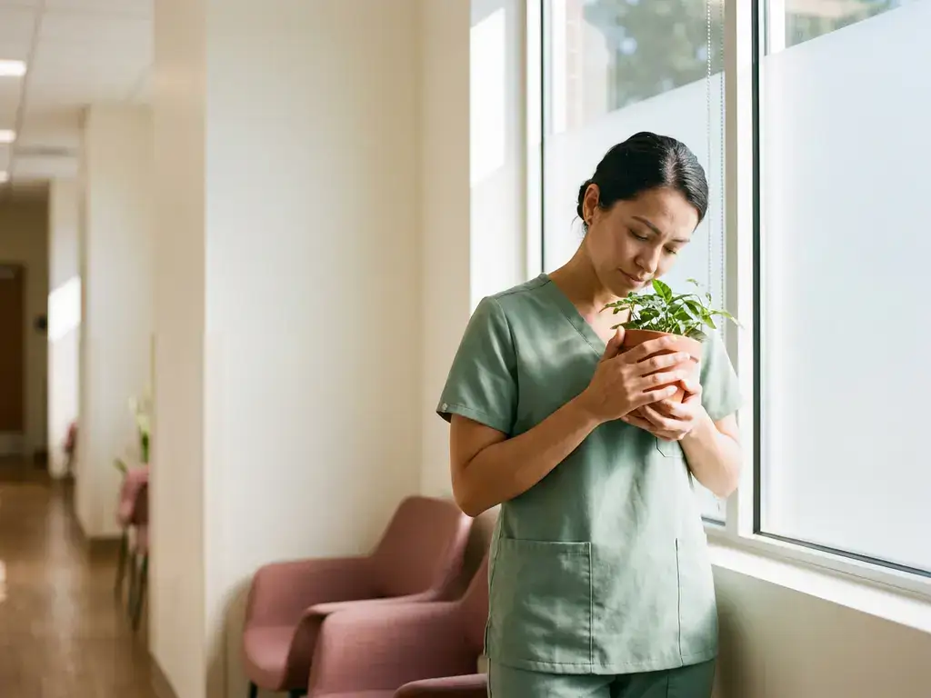 Zorgprofessional in scrubs houdt een klein potplantje tegen haar borst in een lichte ziekenhuisgang met warm natuurlijk licht.