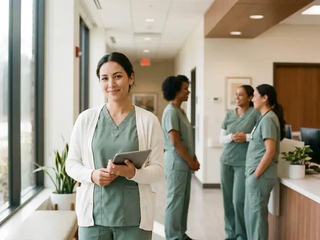 Zorgprofessional in scrubs staat zelfverzekerd in verlichte ziekenhuisgang, collega's zichtbaar op de achtergrond.