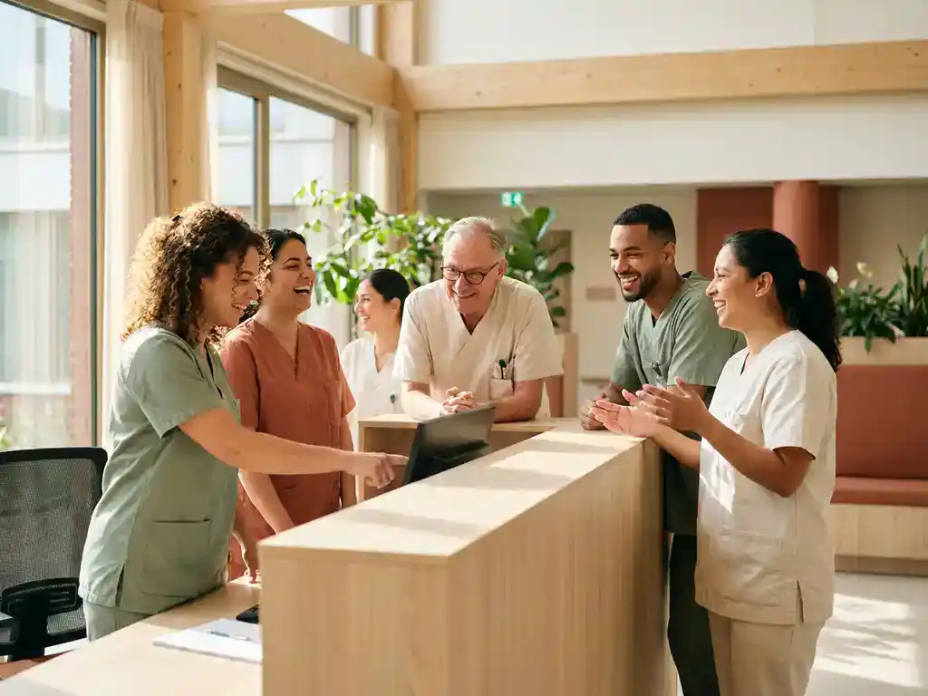 Zorgmedewerkers in scrubs lachen en overleggen samen bij een verpleegpost in een moderne Nederlandse zorginstelling met zacht natuurlijk licht.